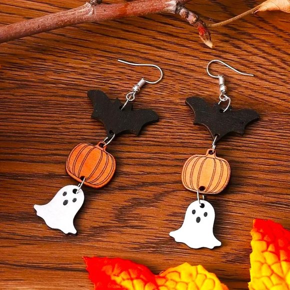 Wood Earrings Halloween Ghost Bat Pumpkin Dangle Fall Autum Party Fun Whimsical - Picture 2 of 3